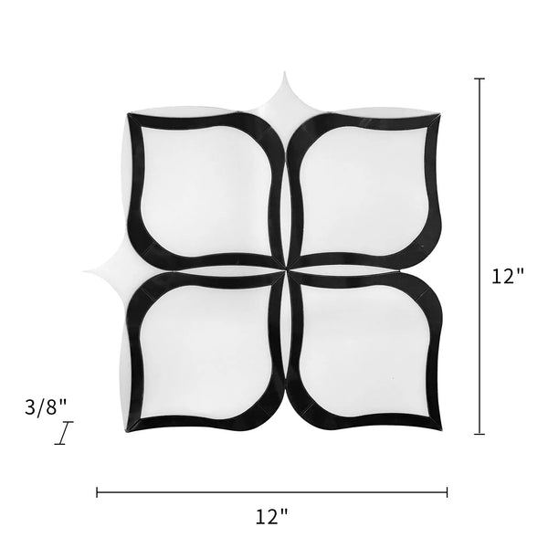 Tulip Pattern Thassos & Black Marble 12-in x 12-in Waterjet Mosaic Floor and Wall Tile( 5 sq. ft. /Box )