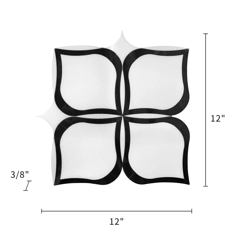 Tulip Pattern Thassos & Black Marble 12-in x 12-in Waterjet Mosaic Floor and Wall Tile( 5 sq. ft. /Box )