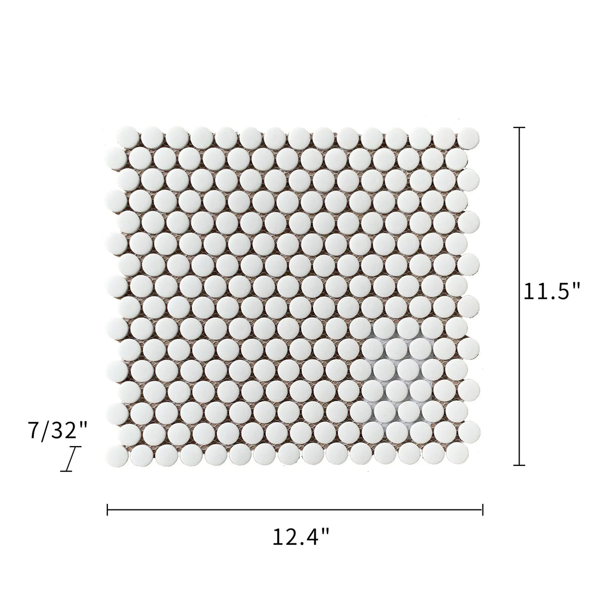 Size diagram of 12.4x11.5 inch Penny Round White Mosaic Tile – labeled tile measurements and 1 sq. ft coverage for wall/floor use.