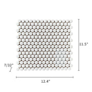 Size diagram of 12.4x11.5 inch Penny Round White Mosaic Tile – labeled tile measurements and 1 sq. ft coverage for wall/floor use.
