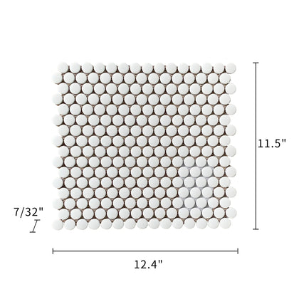 Size diagram of 12.4x11.5 inch Penny Round White Mosaic Tile – labeled tile measurements and 1 sq. ft coverage for wall/floor use.