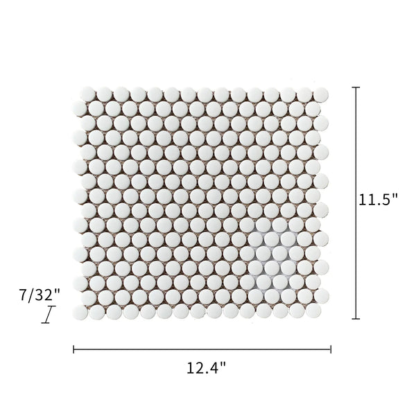 Size diagram of 12.4x11.5 inch Penny Round White Mosaic Tile – labeled tile measurements and 1 sq. ft coverage for wall/floor use.