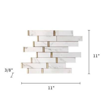 Size diagram of 11x11 inch Calacatta Gold Waterjet Mosaic Tile – polished random-length layout with labeled measurements