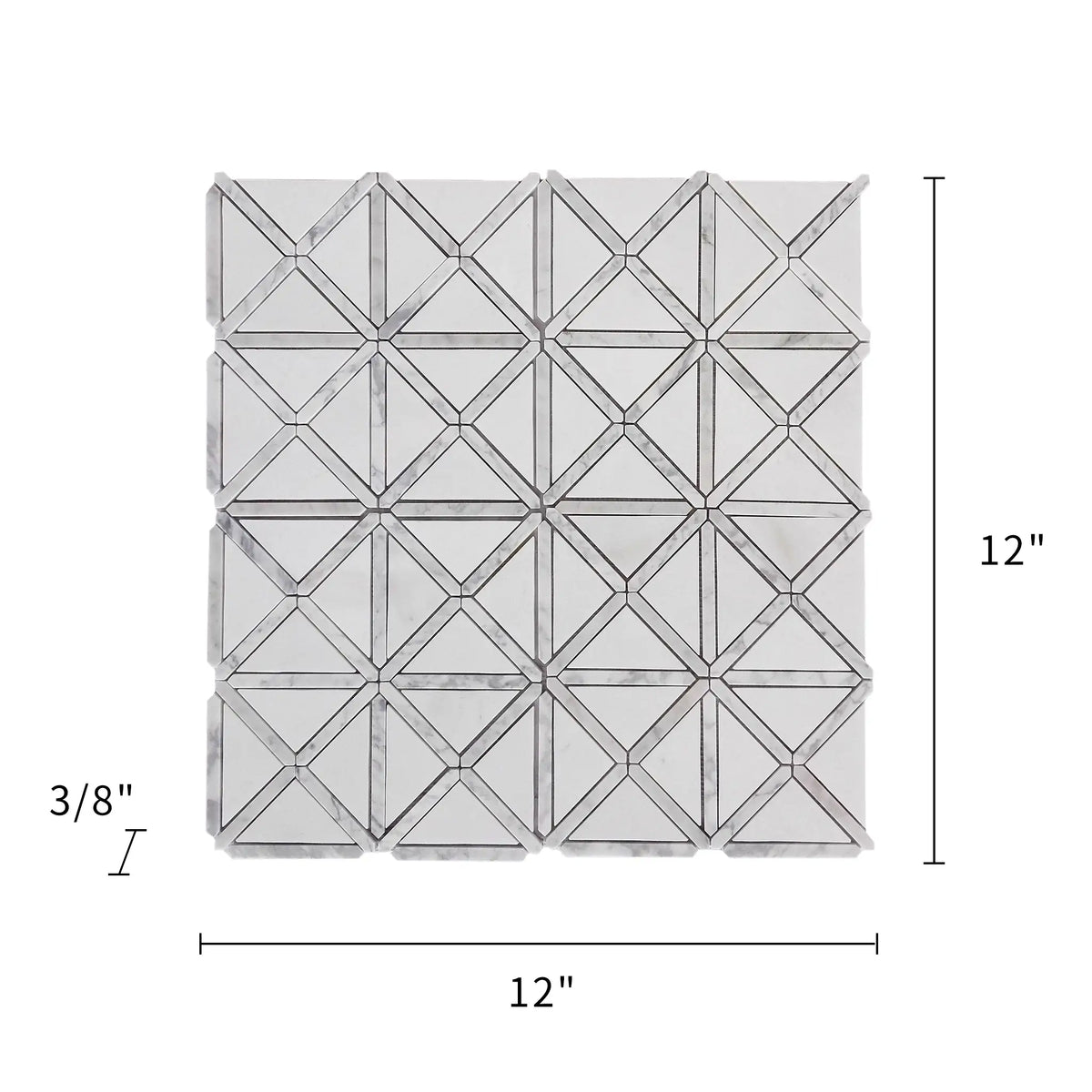  Size diagram of Bianco Carrara / Thassos X Pattern Marble Mosaic Tile – 12x12 inch layout with labeled installation dimensions