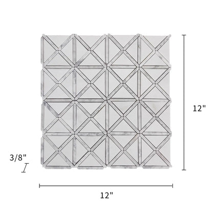  Size diagram of Bianco Carrara / Thassos X Pattern Marble Mosaic Tile – 12x12 inch layout with labeled installation dimensions