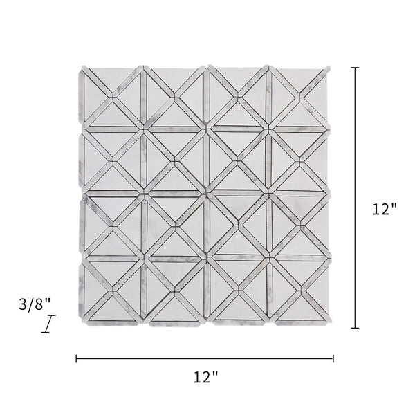  Size diagram of Bianco Carrara / Thassos X Pattern Marble Mosaic Tile – 12x12 inch layout with labeled installation dimensions
