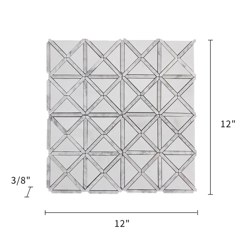  Size diagram of Bianco Carrara / Thassos X Pattern Marble Mosaic Tile – 12x12 inch layout with labeled installation dimensions