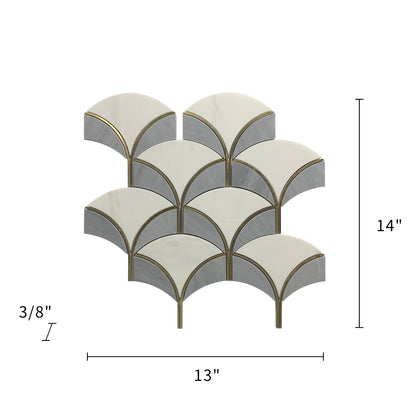 Dimension diagram of Thassos & Gray Shell Waterjet Tile – 14-in x 13-in size with coverage details and gold accent indicators