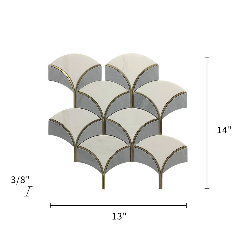 Dimension diagram of Thassos & Gray Shell Waterjet Tile – 14-in x 13-in size with coverage details and gold accent indicators