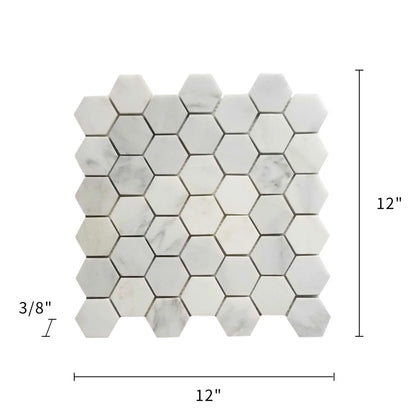 Size diagram of 2-in Calacatta Hexagon Polished Marble Tile – 12x12 inch layout and dimensions