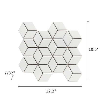 Size diagram of Rhombus Matte Porcelain Mosaic Tile – labeled 10.5x12 in., with 0.89 sq. ft coverage.