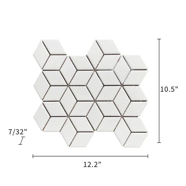 Size diagram of Rhombus Matte Porcelain Mosaic Tile – labeled 10.5x12 in., with 0.89 sq. ft coverage.