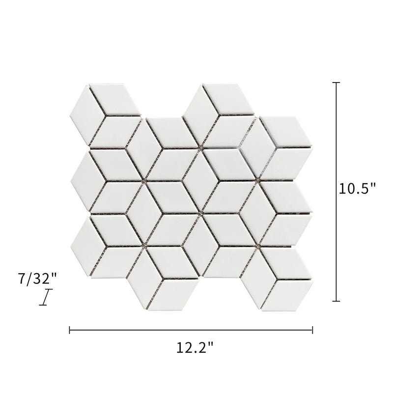Size diagram of Rhombus Matte Porcelain Mosaic Tile – labeled 10.5x12 in., with 0.89 sq. ft coverage.