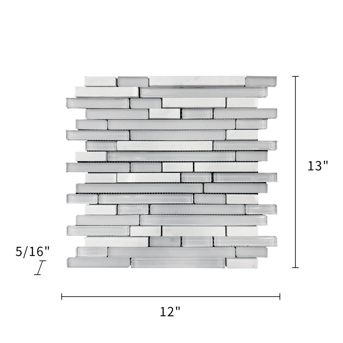 Size diagram of White Staccato Marble & Glass Random Strips Mosaic Tile – 12x13 inch layout with 1.08 sq. ft coverage for wall or floor use.