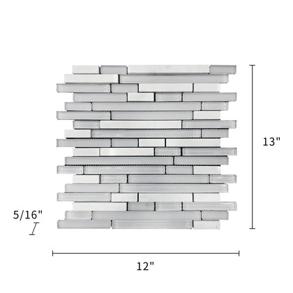 Size diagram of White Staccato Marble & Glass Random Strips Mosaic Tile – 12x13 inch layout with 1.08 sq. ft coverage for wall or floor use.