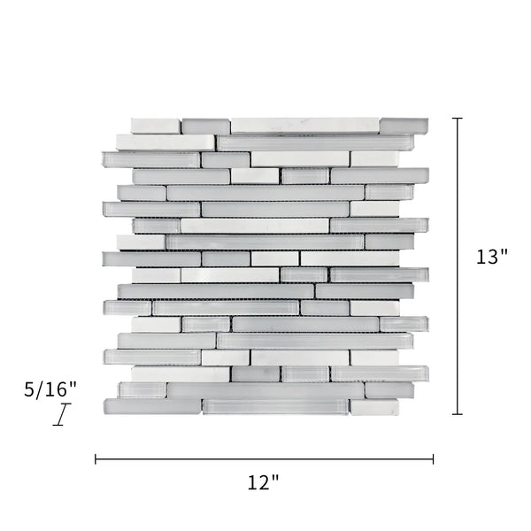 Size diagram of White Staccato Marble & Glass Random Strips Mosaic Tile – 12x13 inch layout with 1.08 sq. ft coverage for wall or floor use.