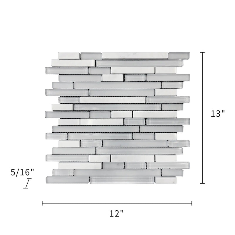 Size diagram of White Staccato Marble & Glass Random Strips Mosaic Tile – 12x13 inch layout with 1.08 sq. ft coverage for wall or floor use.