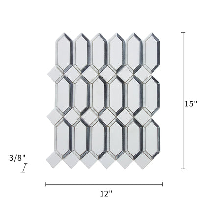 15-in x 12-in Elongated Hexagon Diamond White & Gray  Marble Mosaic  Wall Tile( 6.25 sq. ft. /Box )