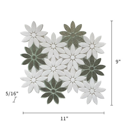 Size diagram of Interlocking Floral Waterjet Mosaic Tile – 9x11 inch tile with 0.7-sq. ft coverage.