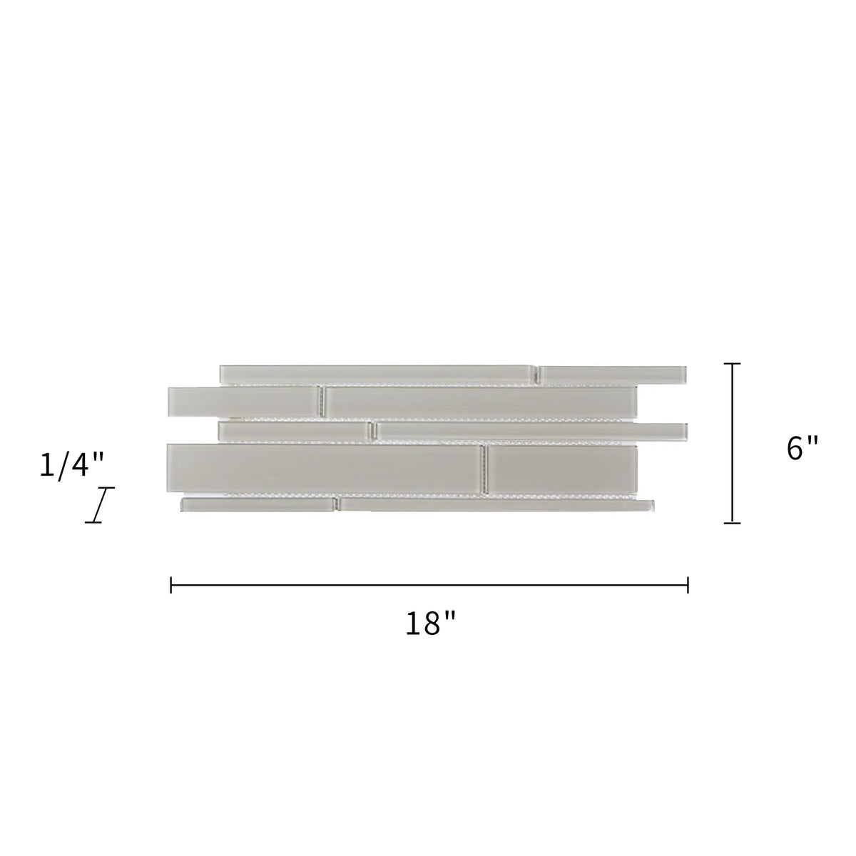 Size diagram of Nude Denim Glass Mix Random Strip Tile – 6x18 inch glass mosaic layout with 0.75 sq. ft coverage, precise measurements for installation.