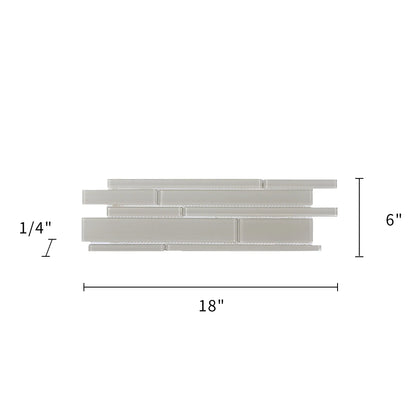 Size diagram of Nude Denim Glass Mix Random Strip Tile – 6x18 inch glass mosaic layout with 0.75 sq. ft coverage, precise measurements for installation.