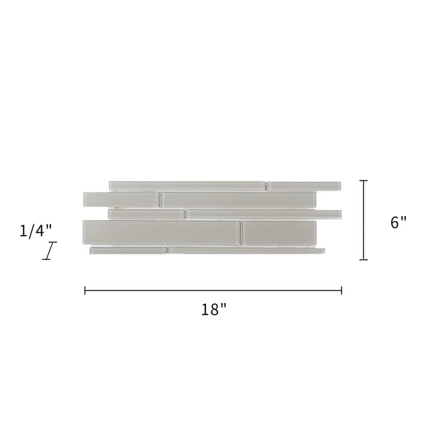 Size diagram of Nude Denim Glass Mix Random Strip Tile – 6x18 inch glass mosaic layout with 0.75 sq. ft coverage, precise measurements for installation.