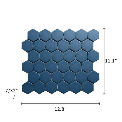 Size diagram of Wave Navy Blue 2-in Hexagon Matte Porcelain Mosaic Tile – 13x11 inch tile with 1-sq. ft coverage.