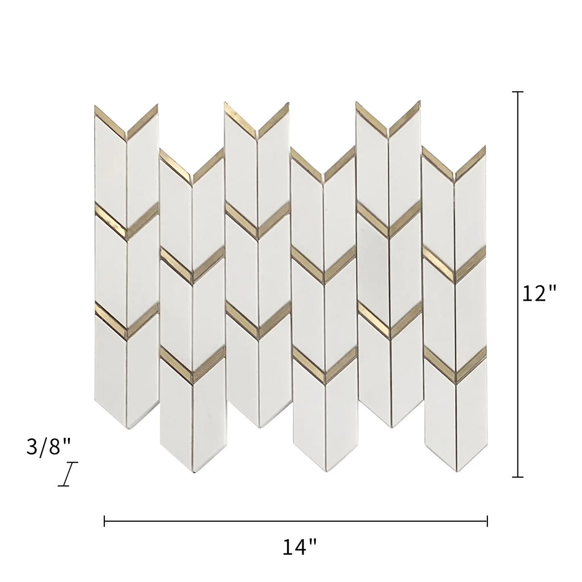 Size diagram of Dolomite White Marble with Arrow Gold Brass Accent Waterjet Mosaic Tile – 14x12 inch tile with 1.17 sq. ft coverage.