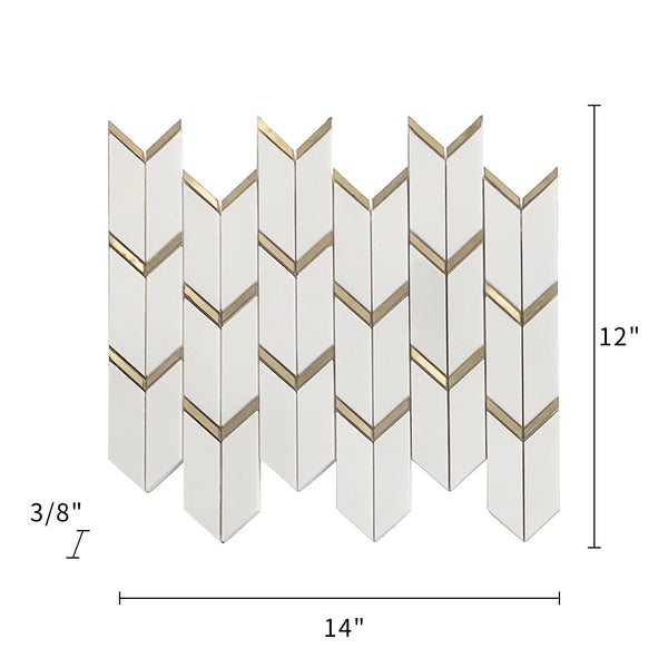 Size diagram of Dolomite White Marble with Arrow Gold Brass Accent Waterjet Mosaic Tile – 14x12 inch tile with 1.17 sq. ft coverage.