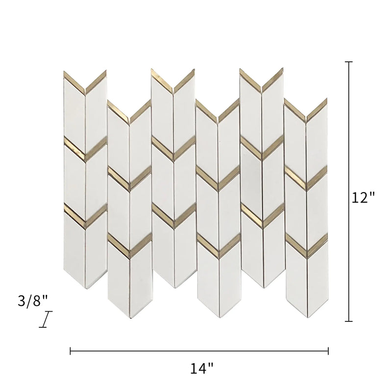 Size diagram of Dolomite White Marble with Arrow Gold Brass Accent Waterjet Mosaic Tile – 14x12 inch tile with 1.17 sq. ft coverage.