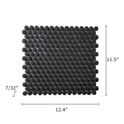 Size diagram of Penny Round Black Porcelain Mosaic Tile – labeled 12.4x11.5 in, 1 sq. ft coverage.