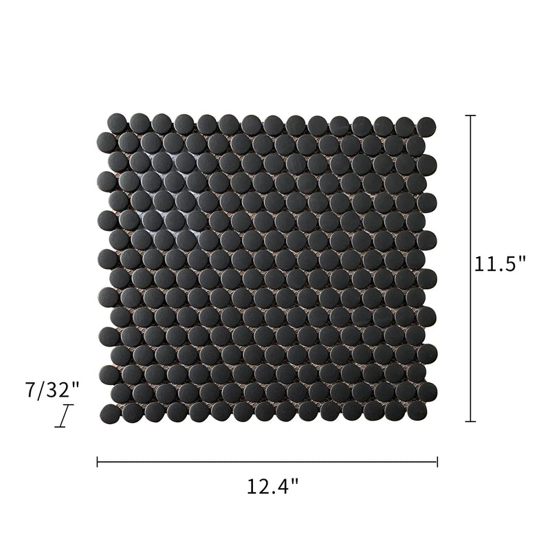 Size diagram of Penny Round Black Porcelain Mosaic Tile – labeled 12.4x11.5 in, 1 sq. ft coverage.