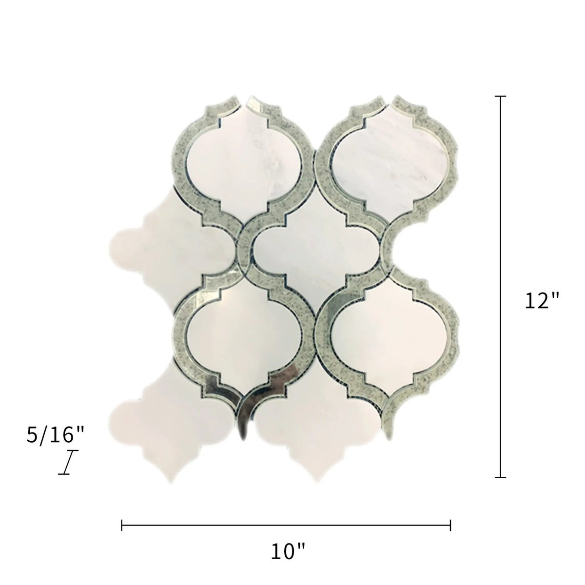  Size diagram of Oriental White and Antique Mirror Lantern Mosaic – labeled 12-in x 10-in dimensions with coverage and material info