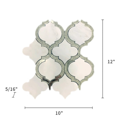  Size diagram of Oriental White and Antique Mirror Lantern Mosaic – labeled 12-in x 10-in dimensions with coverage and material info
