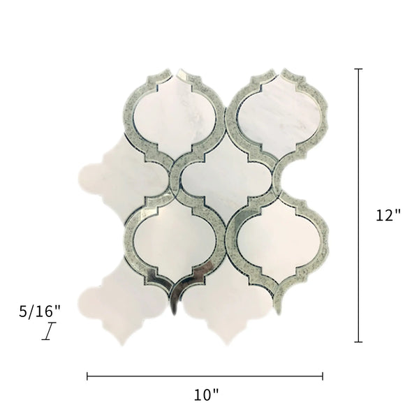  Size diagram of Oriental White and Antique Mirror Lantern Mosaic – labeled 12-in x 10-in dimensions with coverage and material info