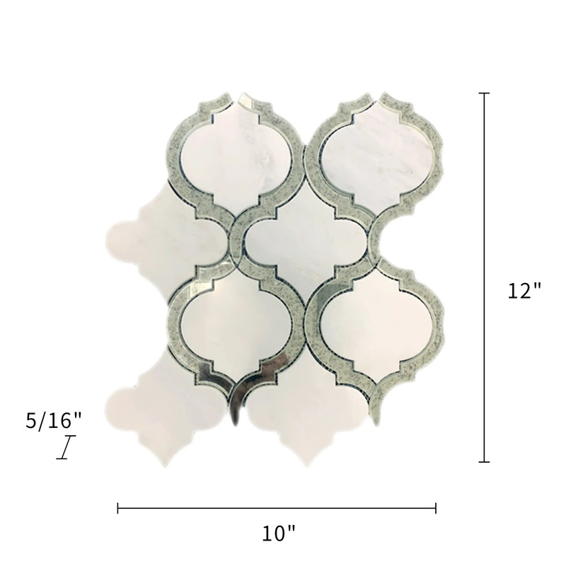  Size diagram of Oriental White and Antique Mirror Lantern Mosaic – labeled 12-in x 10-in dimensions with coverage and material info