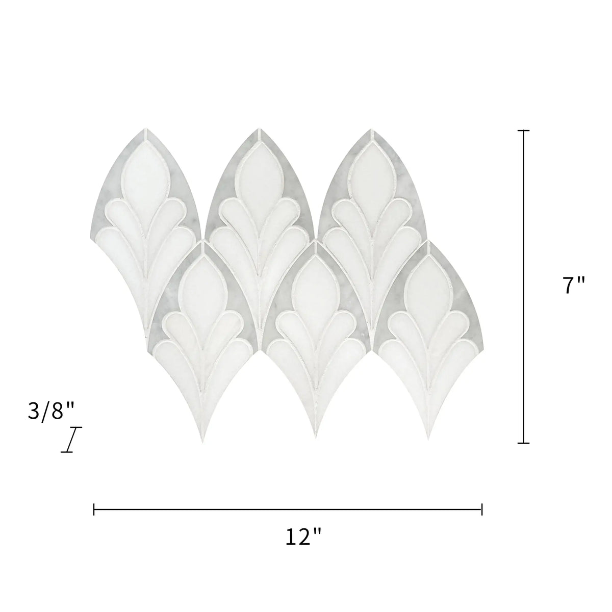 Size diagram of Carrara & Thassos Soft Floral Marble Waterjet Mosaic Tile – 7x12 inch tile with 0.6 sq. ft coverage.