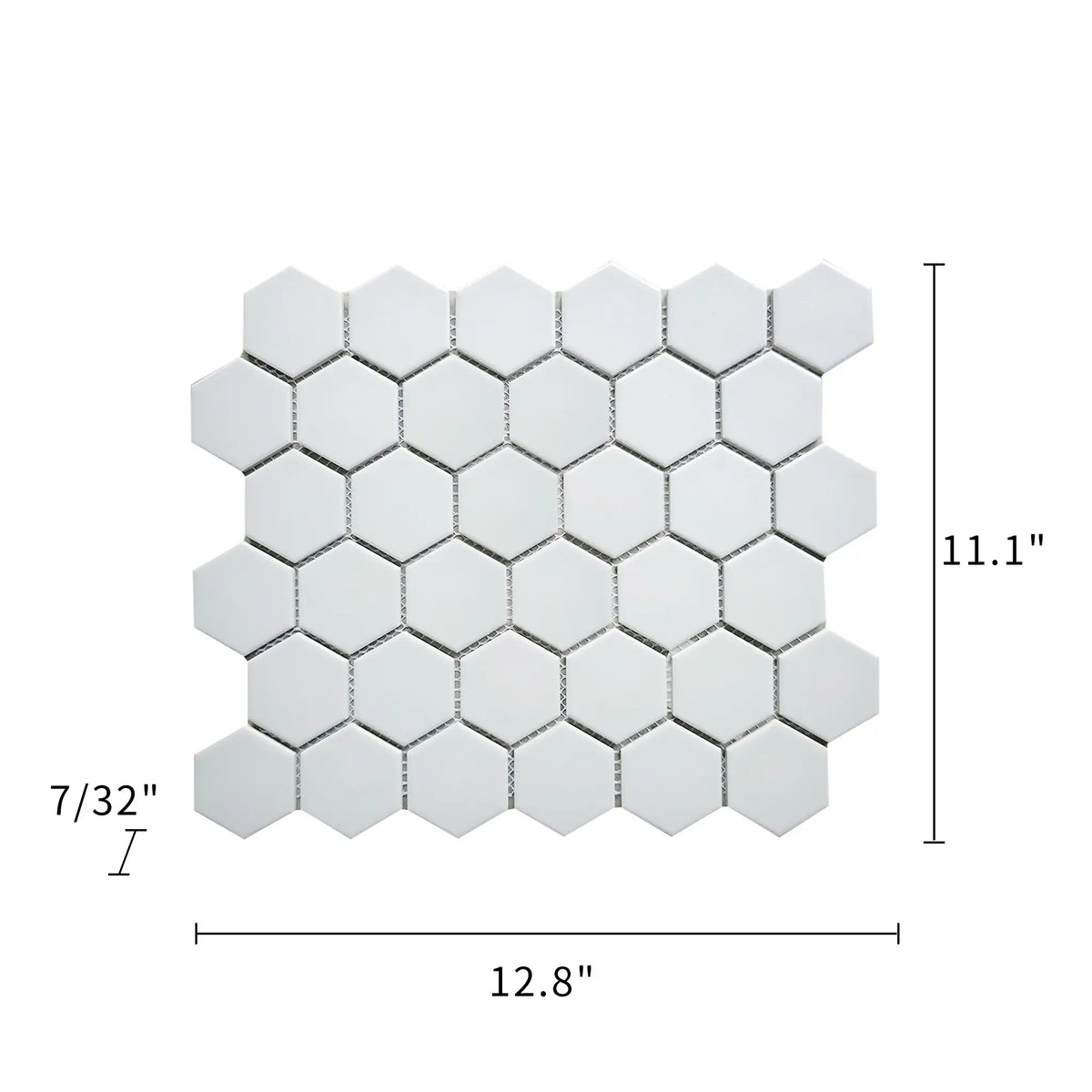Size diagram of 12x12 inch 2-in White Hexagon Porcelain Tile – includes tile dimensions and labeled 1-sq. ft coverage area.