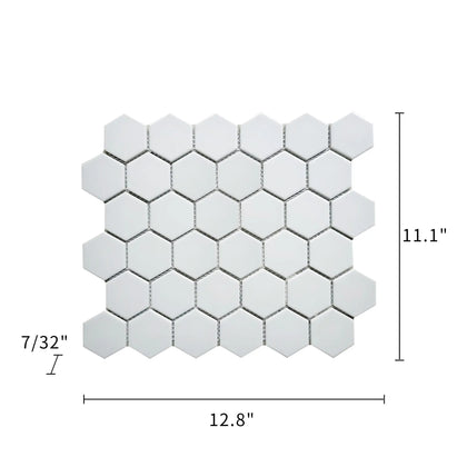 Size diagram of 12x12 inch 2-in White Hexagon Porcelain Tile – includes tile dimensions and labeled 1-sq. ft coverage area.