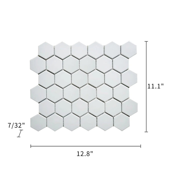 Size diagram of 12x12 inch 2-in White Hexagon Porcelain Tile – includes tile dimensions and labeled 1-sq. ft coverage area.