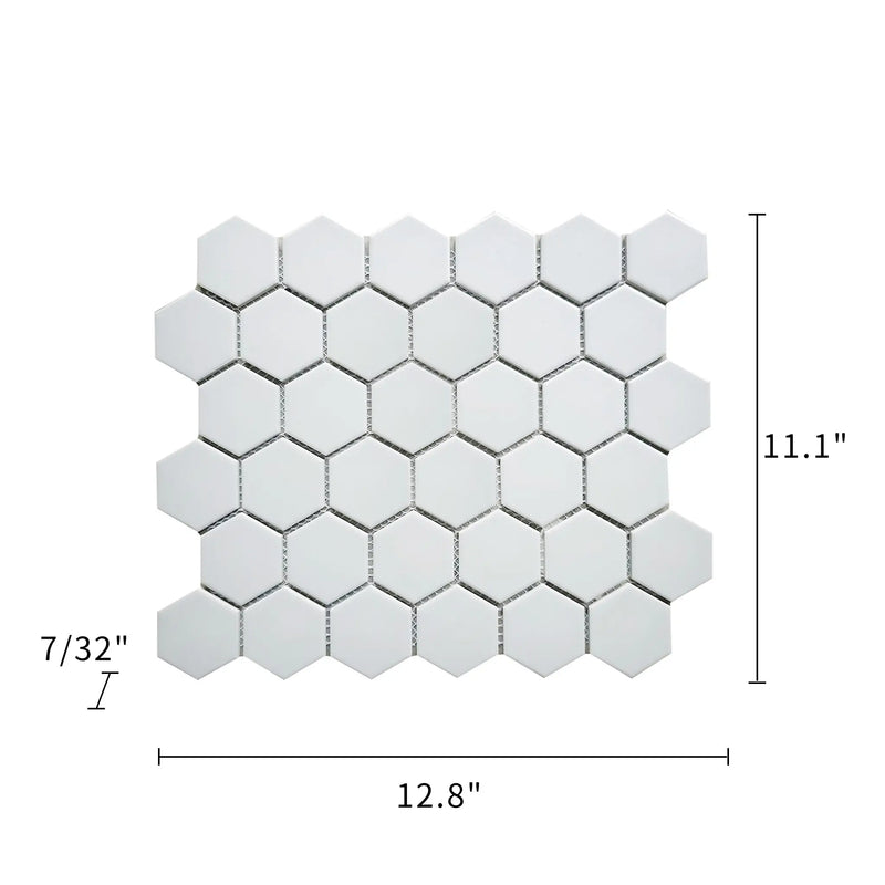 Size diagram of 12x12 inch 2-in White Hexagon Porcelain Tile – includes tile dimensions and labeled 1-sq. ft coverage area.
