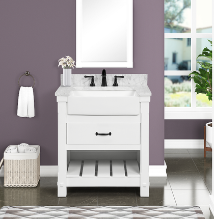 Farmington 30" Open Shelf Vanity Set with Premium Carrara Marble Top