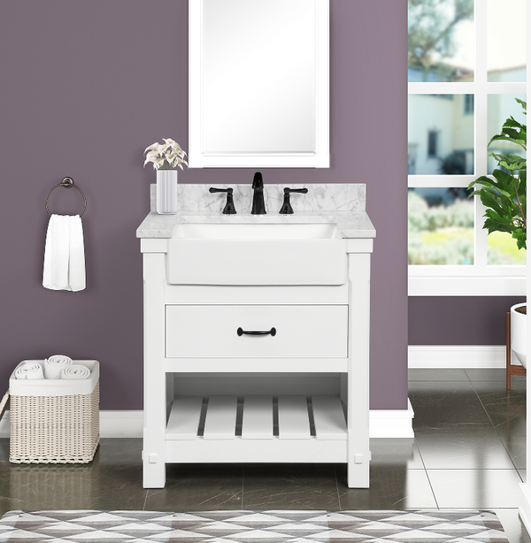 Farmington 30" Open Shelf Vanity Set with Premium Carrara Marble Top