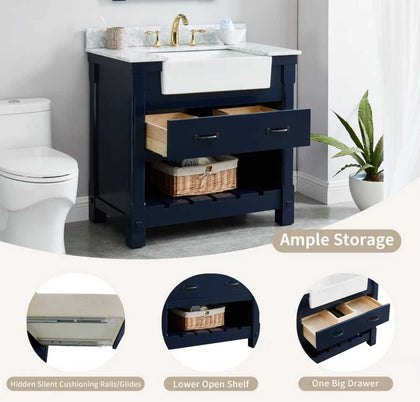 Farmington navy blue 36" Open Shelf Vanity Set with Premium Carrara Marble Top