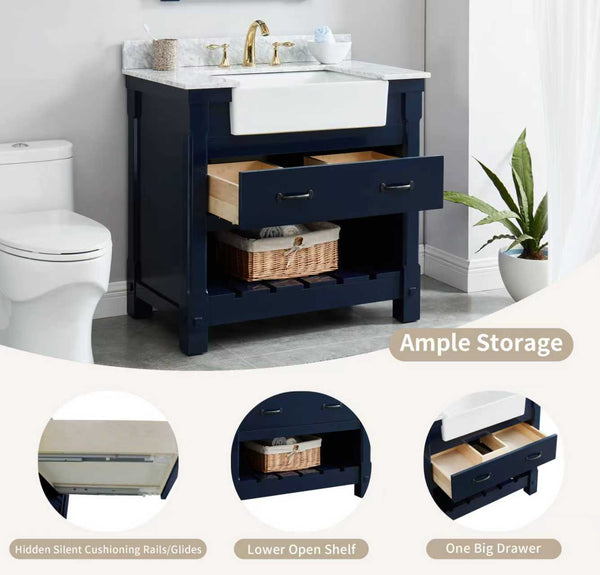Farmington navy blue 36" Open Shelf Vanity Set with Premium Carrara Marble Top