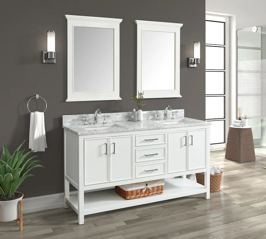 60 inch Manhattan vanity with Carrara marble top in a modern bathroom setting, featuring double sinks and ample storage.