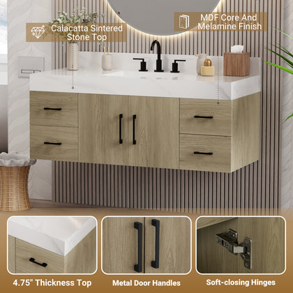 Utopia 48" bathroom vanity in dark oak with sintered stone top showcasing modern design and intelligent storage.
