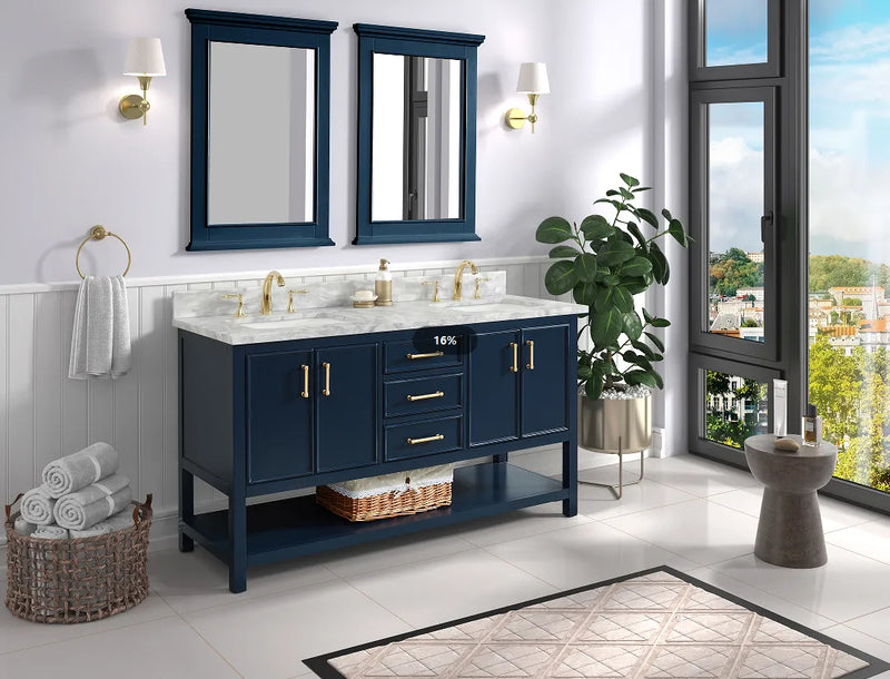 60 inch Manhattan vanity with Carrara marble top in a modern bathroom setting with mirrors and plants.