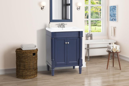 24 inch navy blue bathroom vanity with porcelain top in modern bathroom setting, featuring under-sink storage and mirror.
