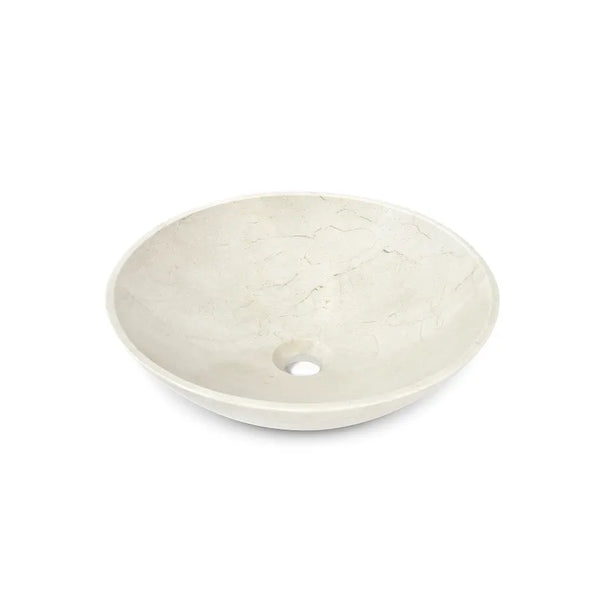17 Inch Carrara white marble vessel sink with smooth round design and center drain hole, perfect for elegant bathroom decor.